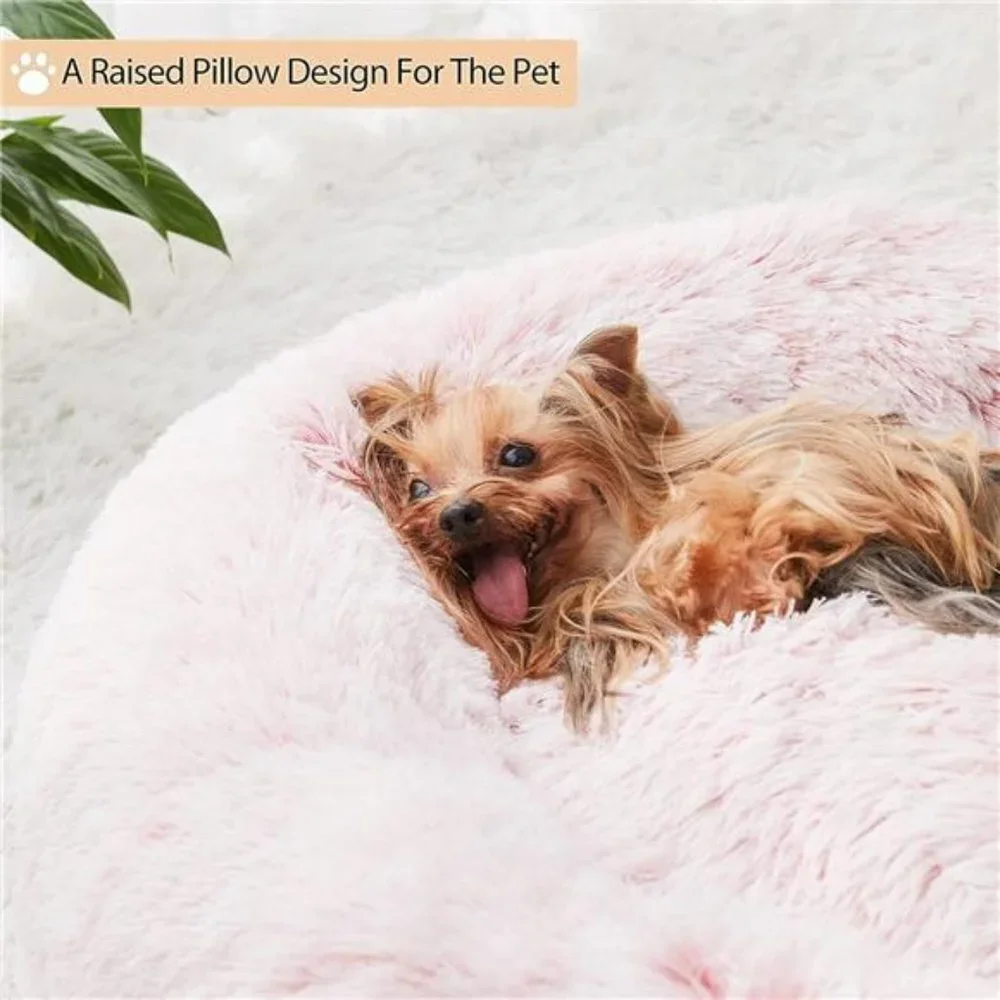 Calming Dog Bed Cat Bed Donut, Faux Fur Pet Bed Self-Warming Donut Cuddler